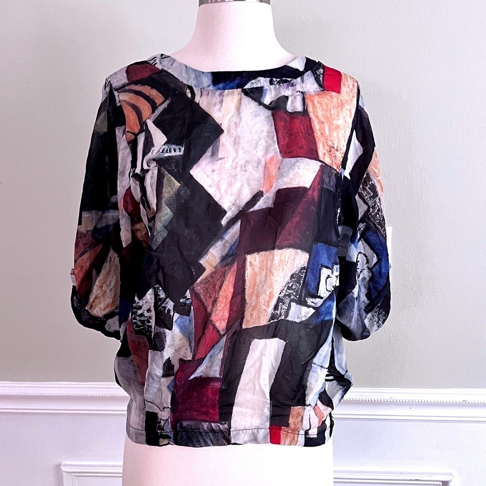 80s Kinross Abstract Art Blouse Womens M 3/4 Sleeve Boat Neck Multicolor Artsy